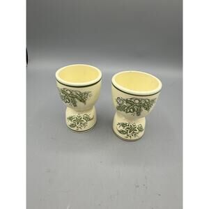 Vintage Japan Yellow Ceramic Egg Cups Green Floral Set of 2